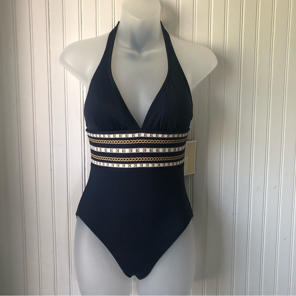 MICHAEL KORS Retail $114 Navy Halter One Piece Swimsuit Chain Border Size 6